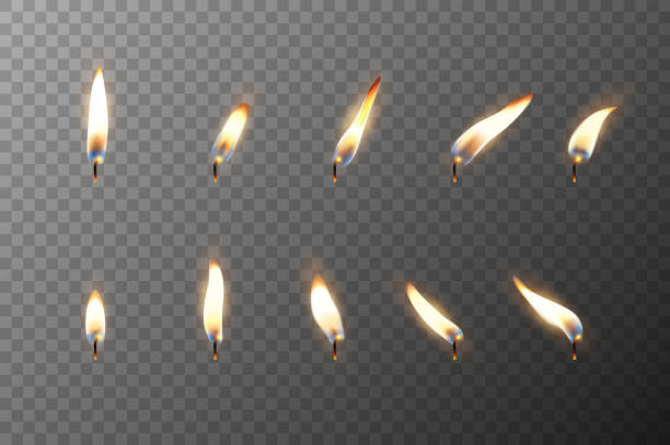 farklı 3d gerçekçi bir mum alevi vektör veya simge kümesi closeup saydamlık ızgara arka plan üzerinde izole eşleşiyor. tasarım şablonu, grafik clipart - candle stock illustrations