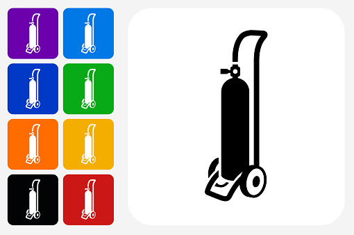 Oxygen Tank Icon Square Button Set. The icon is in black on a white square with rounded corners. The are eight alternative button options on the left in purple, blue, navy, green, orange, yellow, black and red colors. The icon is in white against these vibrant backgrounds. The illustration is flat and will work well both online and in print.