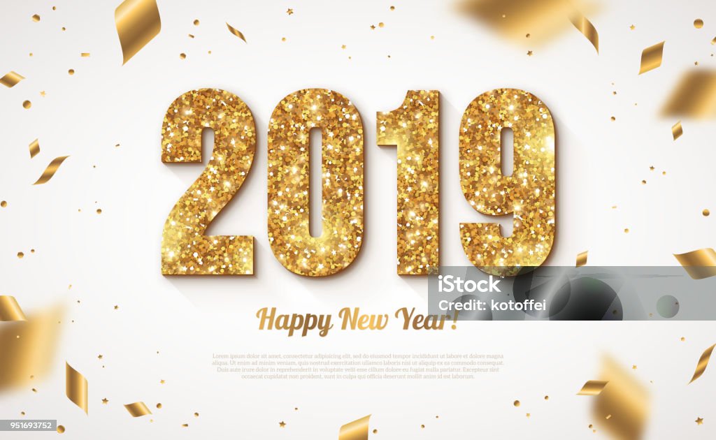 2019 New Year with confetti Happy New Year Banner with Gold 2019 Numbers on Bright Background with Flying Confetti. Vector illustration. Gold - Metal stock vector
