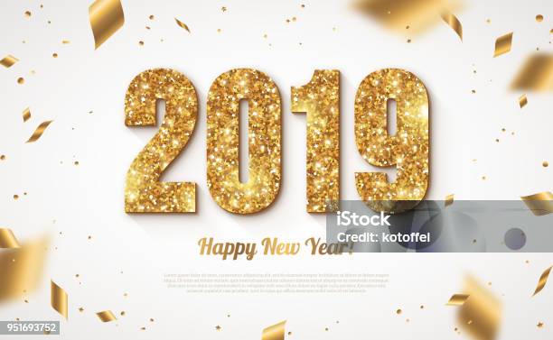 2019 New Year With Confetti Stock Illustration - Download Image Now - Gold - Metal, Gold Colored, Confetti