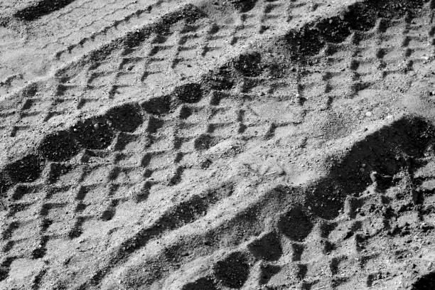 istock Tyre tracks on sand in black and white. 951696420
