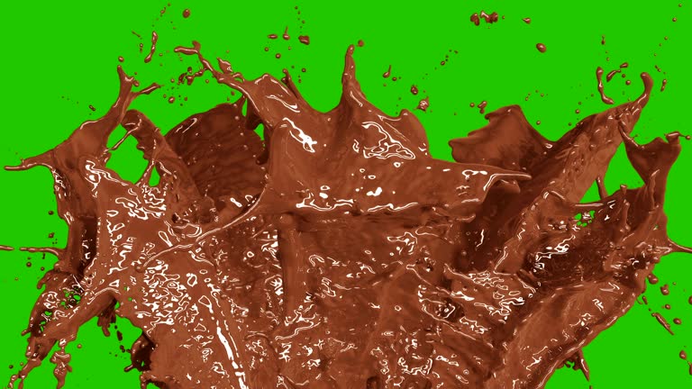 Beautiful Chocolate and Coffee Splashes in Slow Motion and Freeze Motion, Alpha Mask. Flying Through Drops. Useful for Titles and Intro. 3d Animation Food and Health Concept.