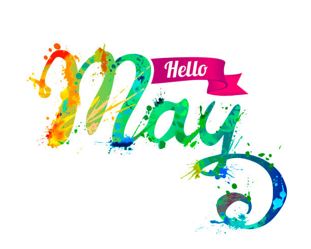 Hello May. Hand written inscription of splash paint Hello May. Hand written vector inscription of rainbow splash paint may stock illustrations