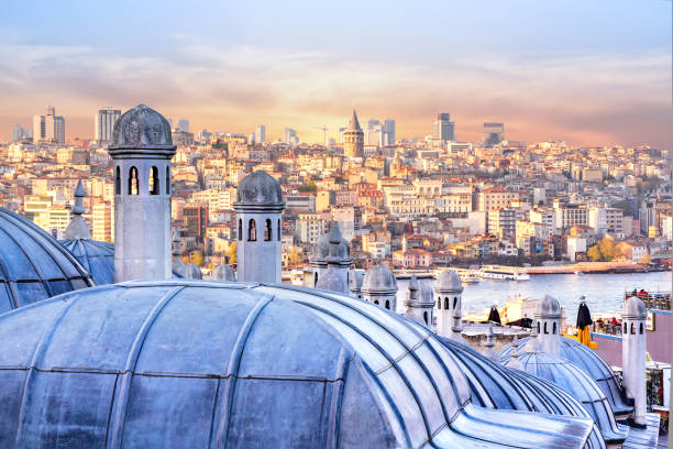 View of Istanbul, the Golden Horn Bay and the dome of the Hagia Sophia stock photo