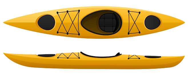 Vector illustration of a yellow kayak, with top and side views. Illustration uses linear gradients. Includes AI10-compatible .eps format, along with a high-res .jpg.