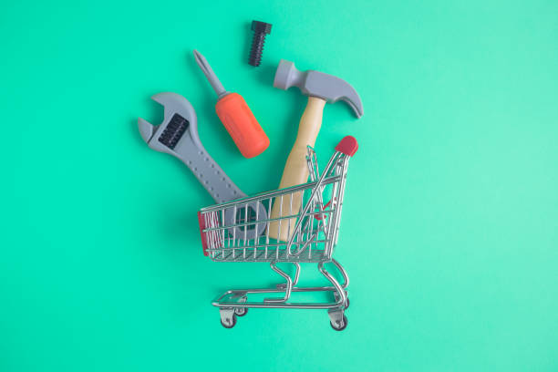 istock Flat lay of carpentry tools shopping abstract concept 951707632