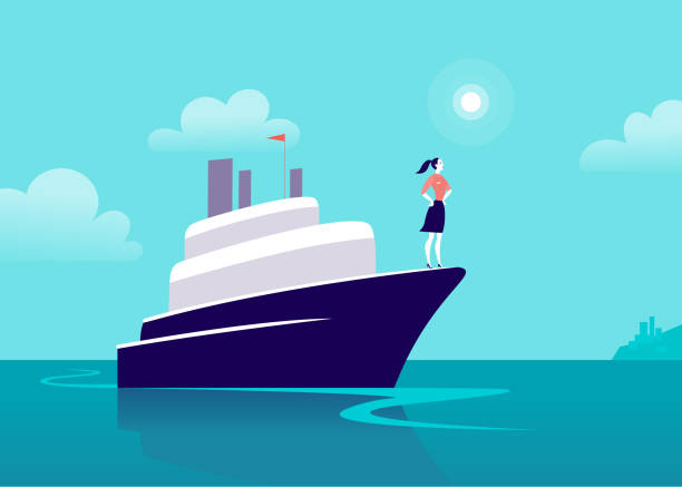 ilustrações de stock, clip art, desenhos animados e ícones de vector flat business illustration with business lady sailing on ship through ocean towards city on blue clouded sky. motivation, achievements, new goals, aspirations, leadership, winner - metaphor. - star nautical vessel one person direction