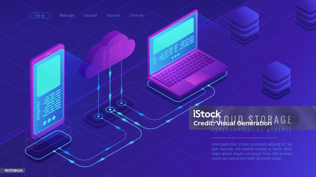 Isometric cloud storage landing page concept Isometric cloud storage landing page concept. Upload - download synchronization to cloud computing data storage with laptop and smartphone on ultra violet background. Vector 3d isometric illustration. Cloud Computing stock vector