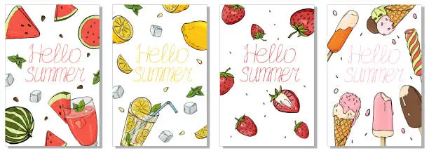 Vector illustration of Collection of colorful cards on the summer theme. Refreshing drinks, fruit and ice cream.