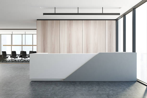 istock Wooden wall office, white gray reception 951714270
