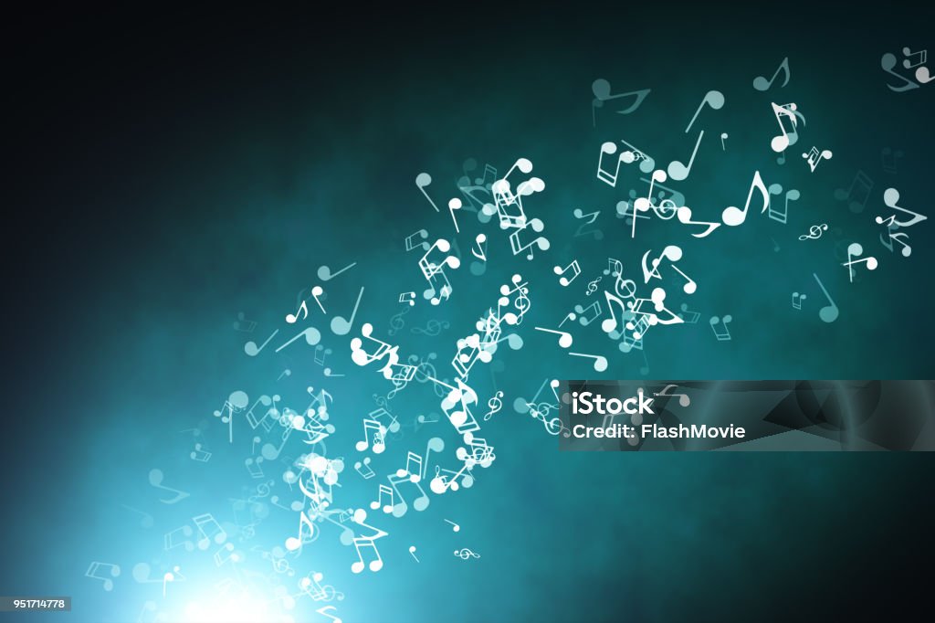 Floating musical notes on an abstract blue background with flares 3d illustration Music Stock Photo