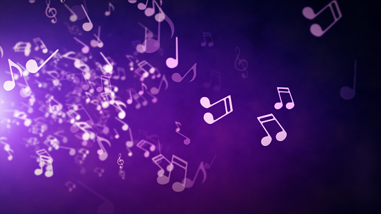 Floating musical notes on an abstract purple background with flares 3d illustration