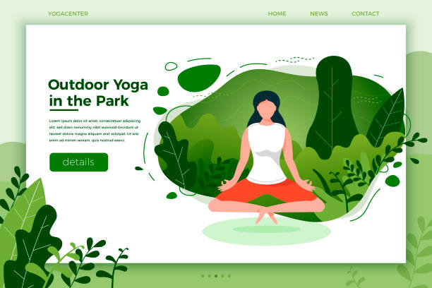 Girl in yoga lotus pose outdoor. Vector illustration - girl in yoga lotus pose. Park, forest, trees and hills on background. Banner, site, poster template with place for your text. landing craft stock illustrations