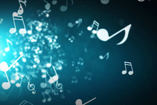 Floating musical notes on an abstract blue background with flares 3d illustration