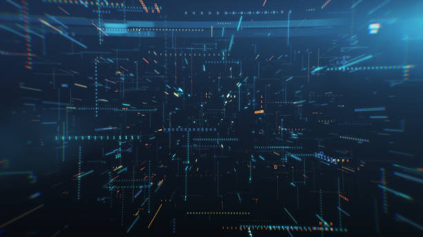 カオス技術領域の 3 d 図のバイナリ コード間で無限飛行 - コンピュータショップ ストックフォトと画像