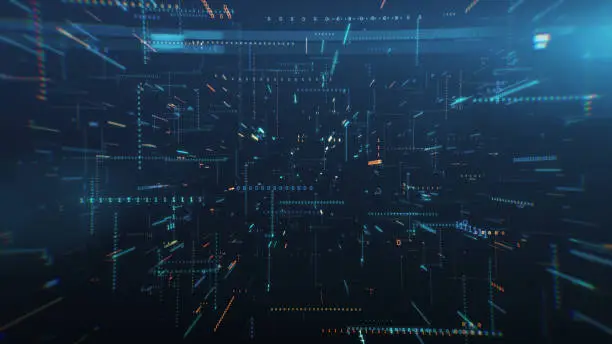 Photo of Infinite flight among binary code in a chaotic technological space 3d illustration