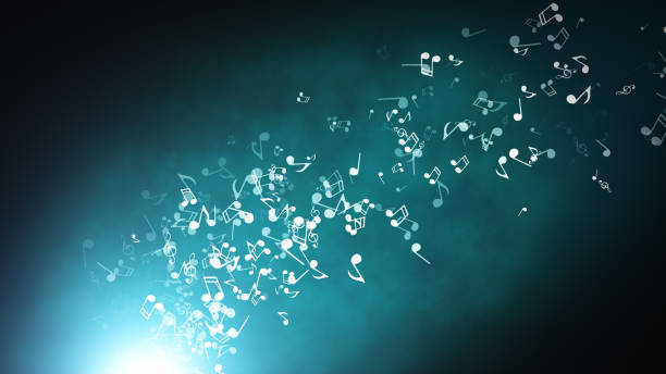 flotante de notas musicales sobre un fondo azul abstracto con ilustración 3d de bengalas - condado de mariposa fotografías e imágenes de stock