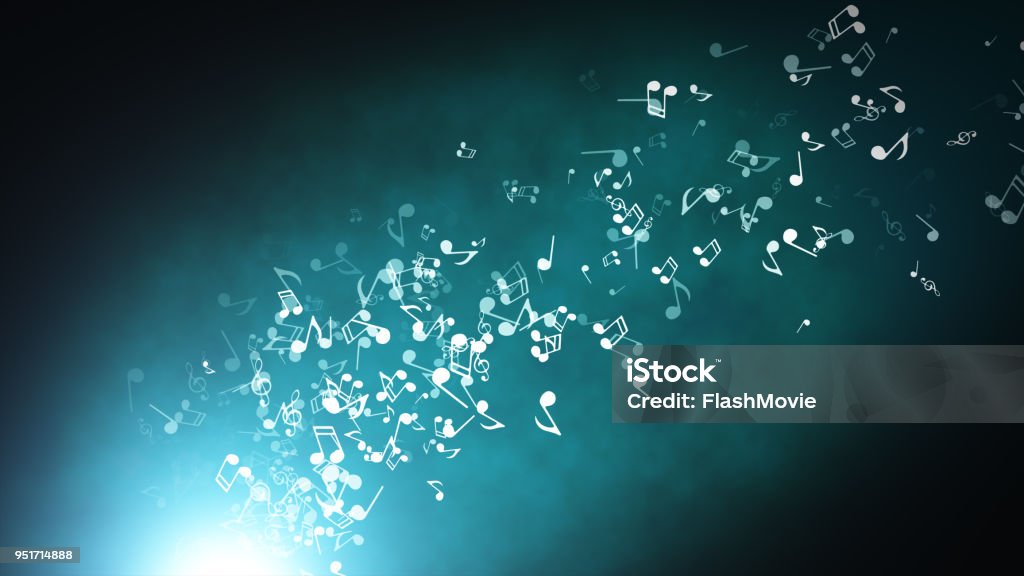 Floating musical notes on an abstract blue background with flares 3d illustration Musical Note Stock Photo