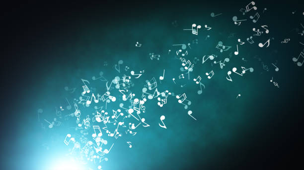 Floating musical notes on an abstract blue background with flares 3d illustration Floating musical notes on an abstract blue background with flares 3d illustration mariposa county stock pictures, royalty-free photos & images