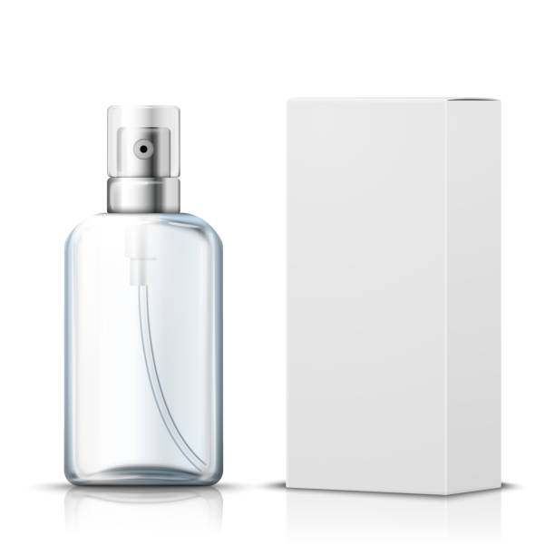 Vector 3d realistic spray bottle with paper box Vector 3d realistic spray bottle with paper box on white background with reflection. Mock-up for product package branding. hand water pump stock illustrations