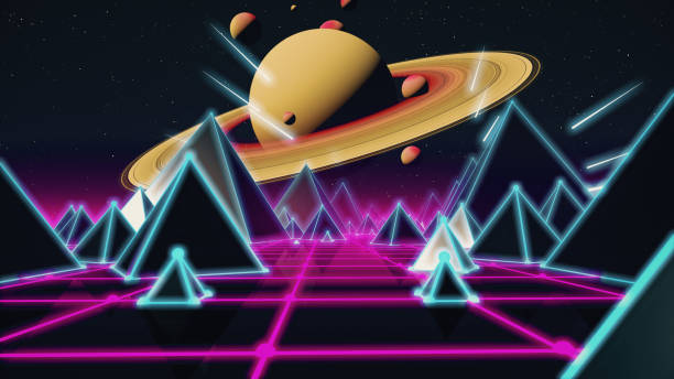 istock Retro futuristic flight over grid,3d illustration background 80s retro fantasy. 951719070