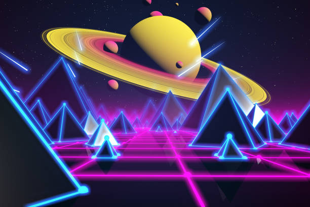 istock Retro futuristic flight over grid,3d illustration background 80s retro fantasy. 951719088