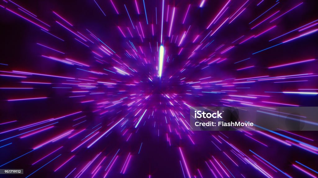 Abstract retro of warp or hyperspace motion in blue purple star trail 3d illustration 1980-1989 Stock Photo