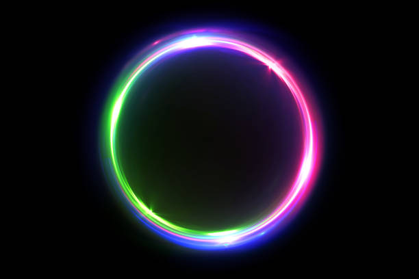 istock Abstract multicolor 3d illustration neon background luminous swirling Glowing circles. Black elegant. Halo around. Power isolated. Sparks particle.Space tunnel. LED color ellipse. Glint glitter. 951719208