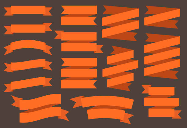 ベクトルは、黒の背景に分離されたバナーをリボンします。オレンジ色のテープです。15 フラット オレンジ リボン バナーのセットです。 - banner ribbon scroll scroll shape点のイラスト素材／クリップアート素材／マンガ素材／アイコン素材