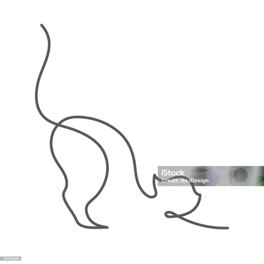 Cat continuous line drawing - cute pet stretching himself with his tail holds high isolated on white background. Cat continuous line drawing - cute pet stretching himself with his tail holds high side view isolated on white background. Editable stroke vector illustration of domestic animal for logo or decoration Domestic Cat stock vector