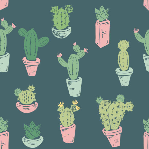 illustrazioni stock, clip art, cartoni animati e icone di tendenza di cactus fatto a mano motivo senza cuciture - non potable