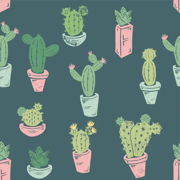 Vector illustration of Handmade Cactus Seamless pattern