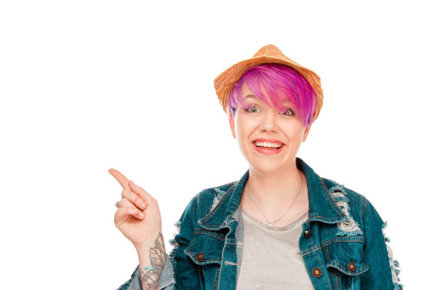 istock Charming happy model showing away with finger 951735588