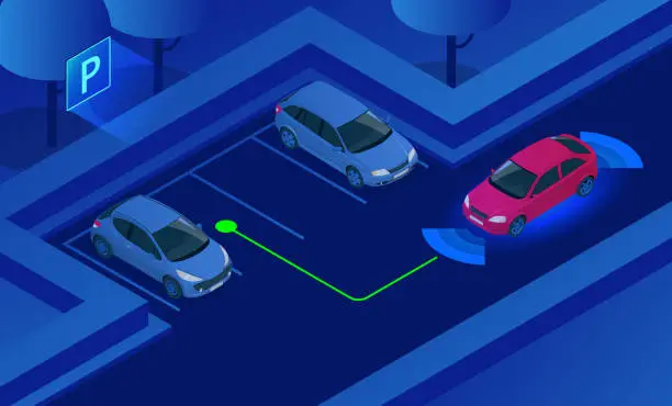 Vector illustration of Isometric Parking Assist System vector illustration. Car technology with sensors . Sensors scanning free space to park. Generic park pilot parktronic electronic aid system sensors with maneuver.