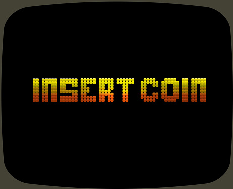 Vector illustration of a Vintage Arcade game screen text. Reads Insert Coin