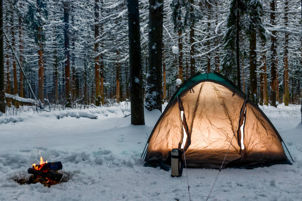 istock burning fire near a tent in a camp in a winter forest 951761076
