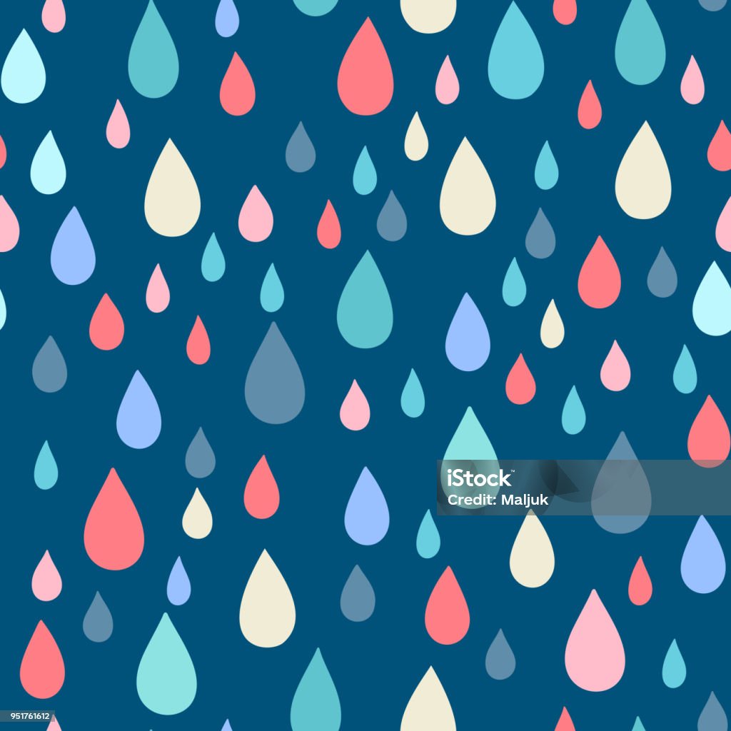 Vector seamless pattern of raindrops. Colourful raindrops on dark blue background. Boundless background can be used for web page backgrounds, wallpapers, wrapping papers and invitations. Pattern stock vector