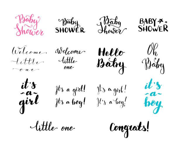 Vector hand written brush words and phrases. Baby Shower. Hello Baby. Welcome Little One. It's a girl. It's a boy. Congrats! Oh Baby! baby shower stock illustrations