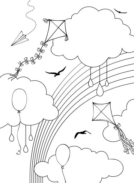 Outline vector sky illustration. Contours of clouds, kites, paper planes, balloons and bird silhouettes in the sky. Great for coloring books. sky kite stock illustrations
