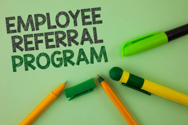 istock Handwriting text writing Employee Referral Program. Concept meaning Recommend right jobseeker share vacant job post written on Plain Green background Pens next to it. 951768582