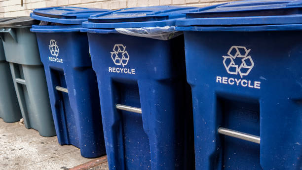 Blue garbage bins with the white recycle logo stock photo
