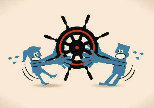 Vector illustration of Businesswoman fighting with businessman for the managing position (holding rudder conflicting with each other)