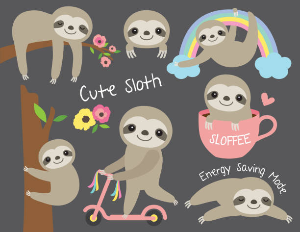 Cute Baby Sloth Vector Illustration Set Vector illustration of cute baby sloth in various activities such as sleeping, riding bike, climbing and hanging from a tree. lazy stock illustrations