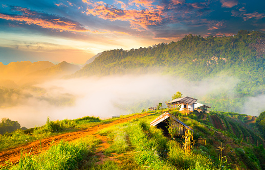 Panoramic view Sunrise and mist on mountain view at the north of thailand