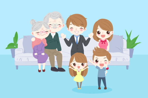 ilustrações de stock, clip art, desenhos animados e ícones de happy cartoon family - grandparent grandfather humor grandchild