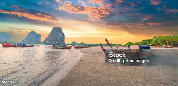 Beautiful Sunset At Tropical Sea With Long Tail Boat In South Thailand Stock Photo - Download Image Now