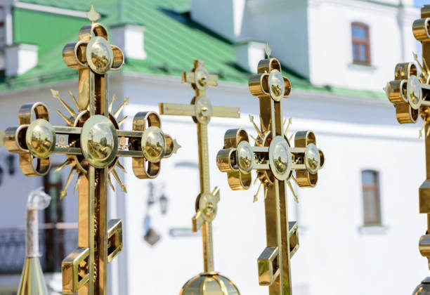 Golden Orthodox Christian crosses on the domes of the churches of Kiev's Pechersk Lavra