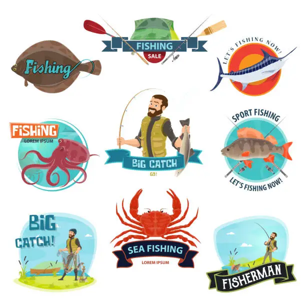 Vector illustration of Vector fisherman sport fishing icons