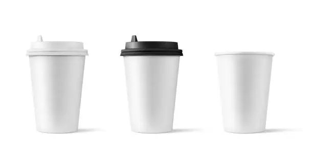 Vector illustration of Set of realistic blank mock up paper cups with plastic lid.