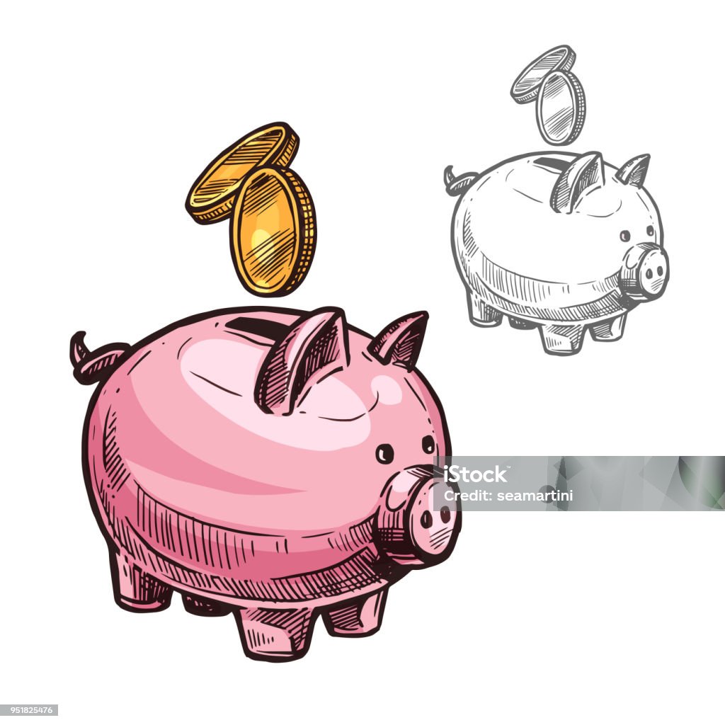 Vector sketch piggy bank and golden coins icon Piggy bank and golden coins sketch icon. Vector isolated symbol of pig penny bank or money box for savings or business investment and earnings profit concept design Piggy Bank stock vector